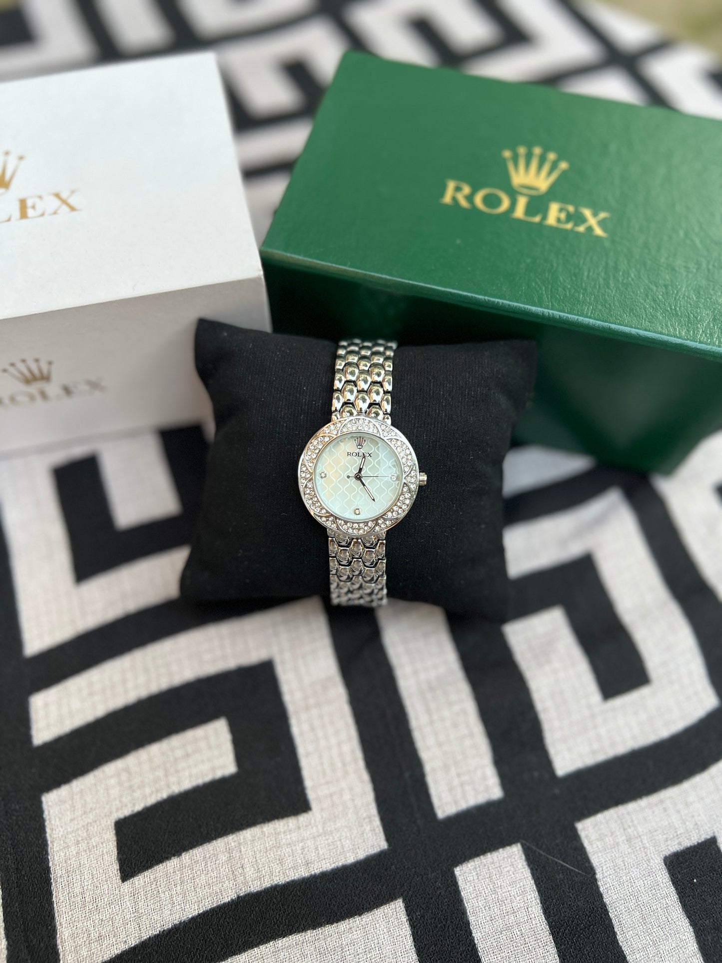 RLX 201 - Rolex Silver Stonewatch with a Honeycomb-style Chain